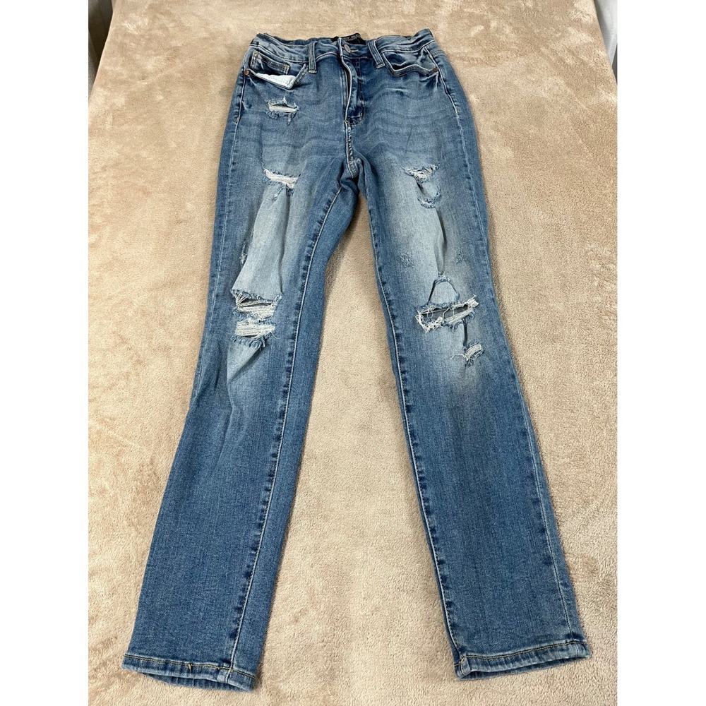 Judy Blue Boyfriend Fit Jeans Women Size 7/28 Blue Stretch Distressed Denim EUC